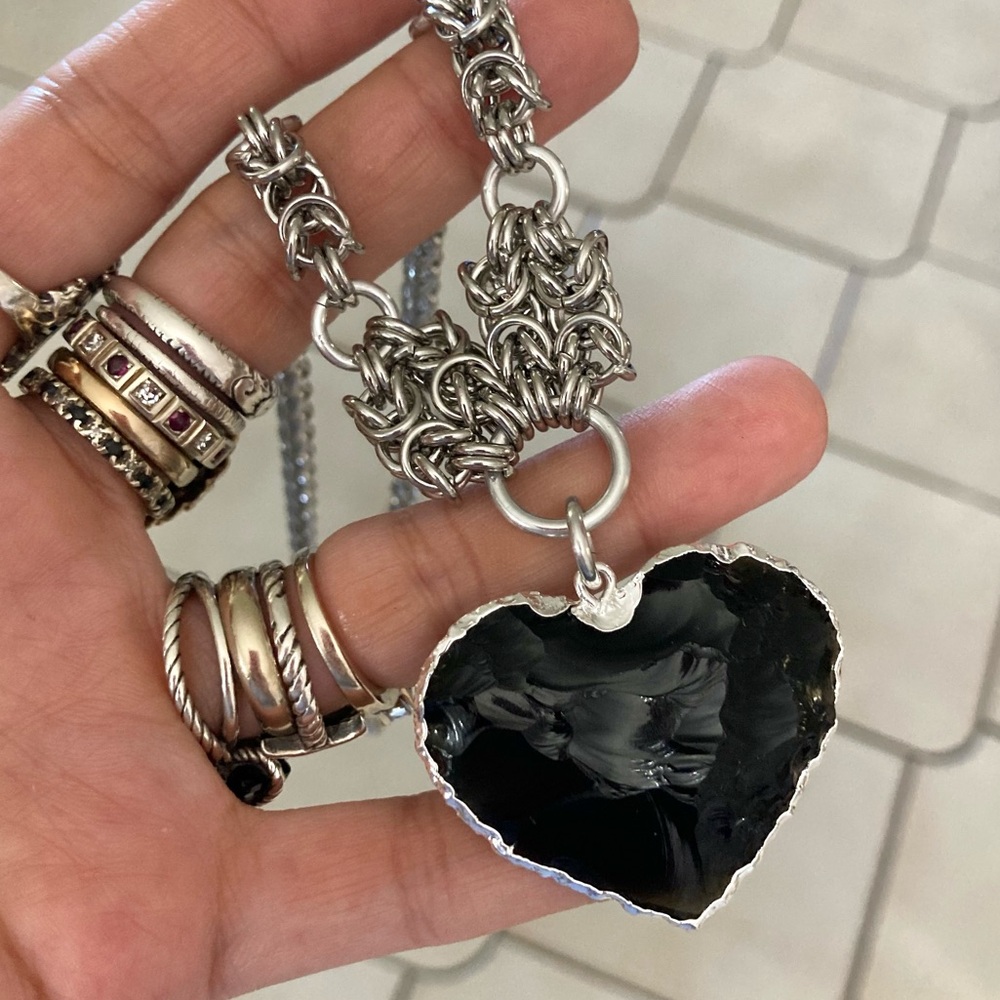 Handmade Genuine black obsidian heart charm maille silver boho choker necklace - Picture 9 of 11
